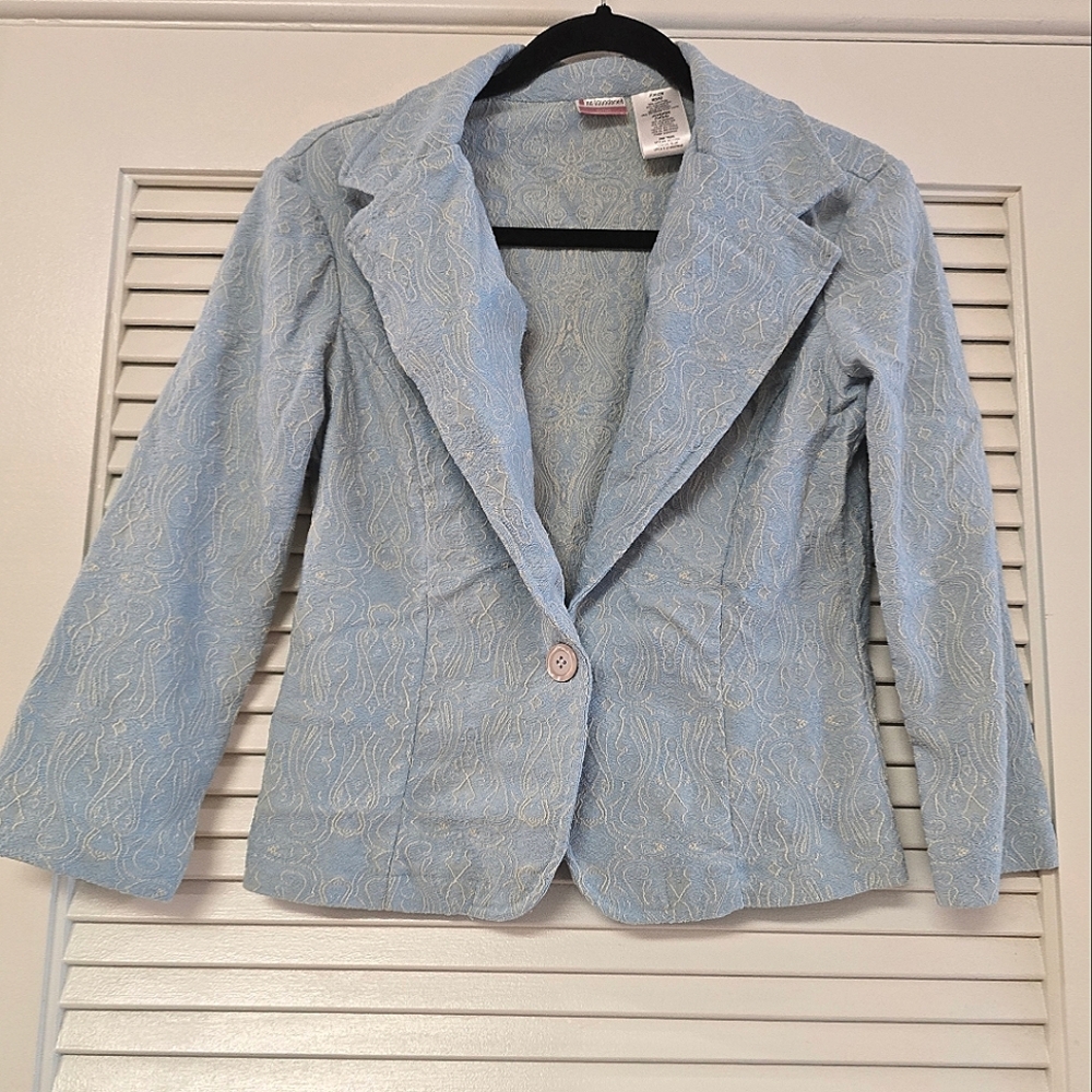 No Boundaries - Stretch Light Blue Blazer Jacket With Light Yellow Stitch Detail